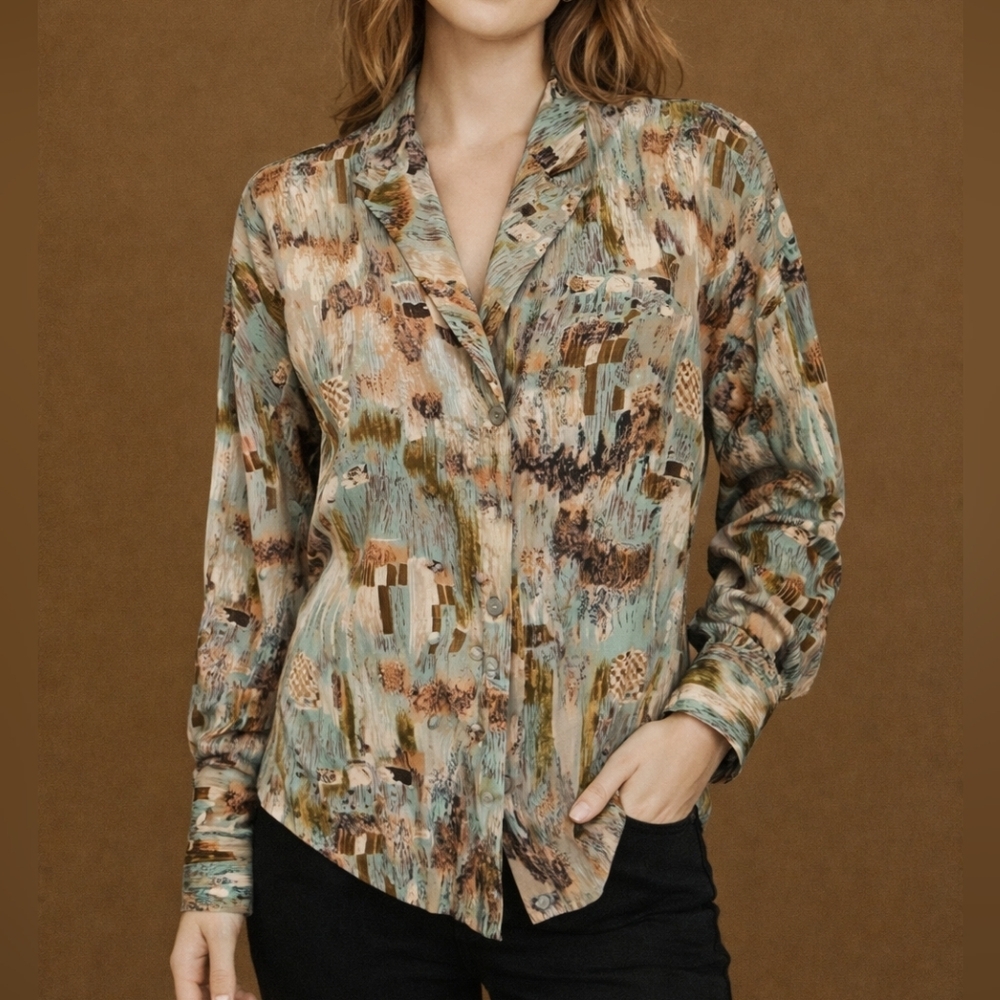 VTG APART 1980s Abstract Paintbrush Button Down Long Sleeve Blouse